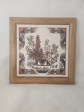 navajo sand painting 7 1/2 In Sq  Cactus W/ Southwestern Colors Signed Tu-oti